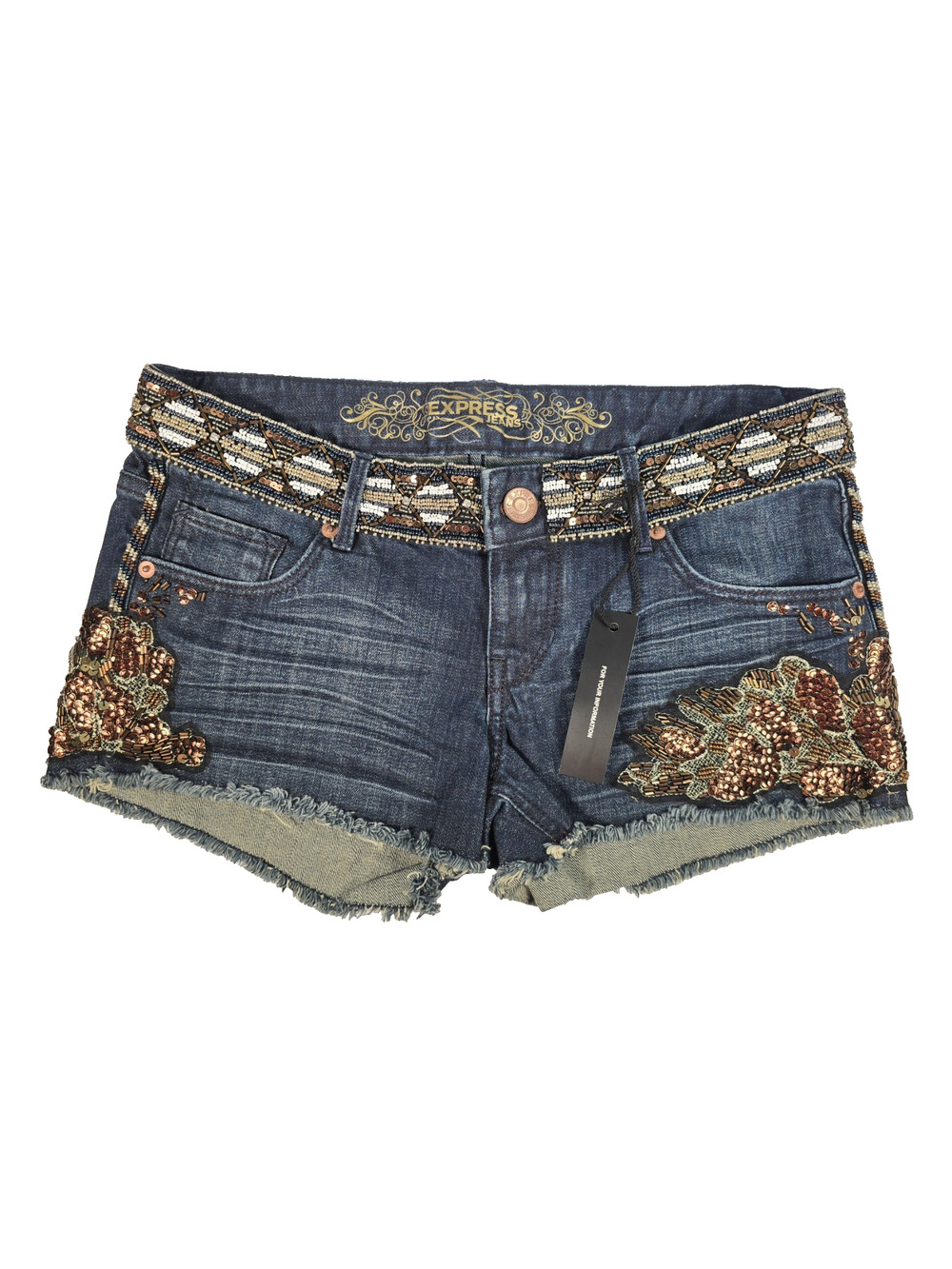 EXPRESS JEANS Women's Blue Beaded Short Shorts Bling Sexy Denim Size 2 NWT